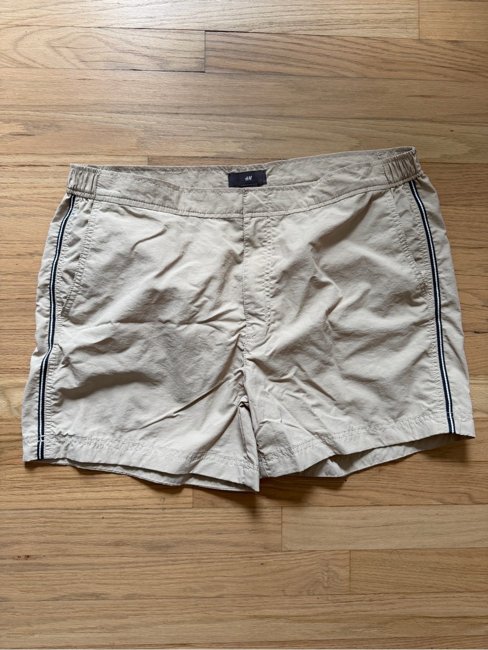 H&M Beige Swim Trunks with Navy Side Stripes